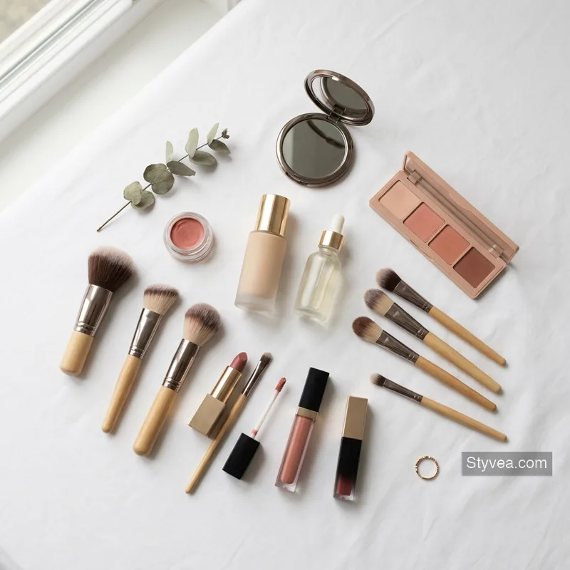 beauty product flat-lay with makeup brushes and skincare essentials