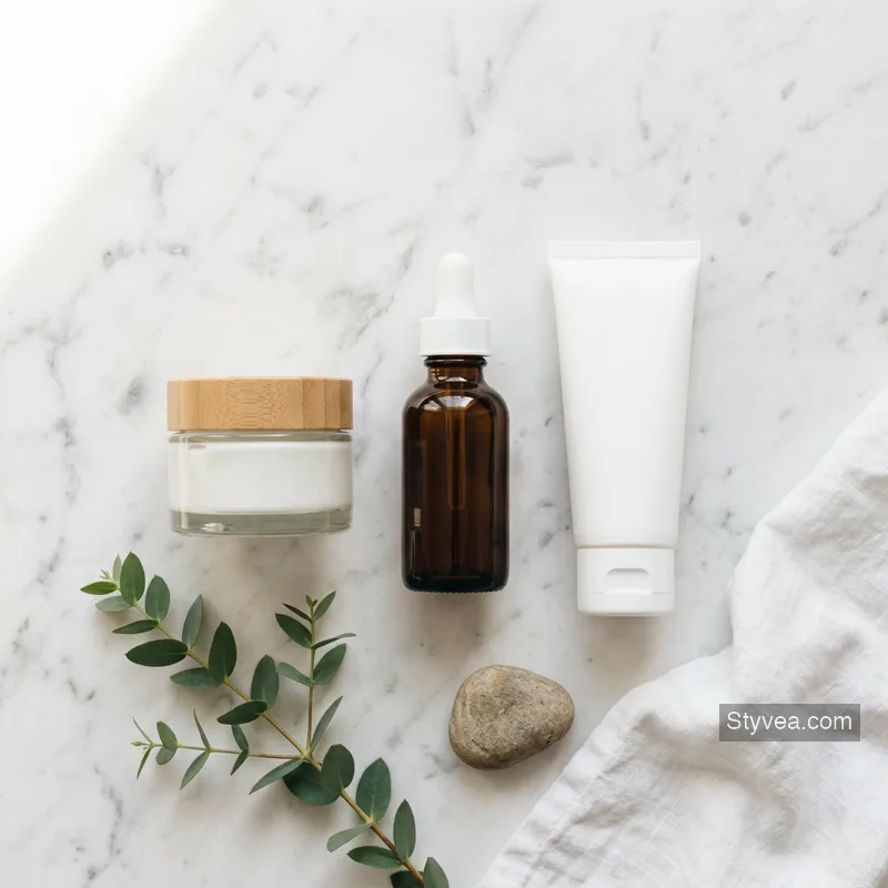 skincare routine products with moisturizer and serum on clean surface