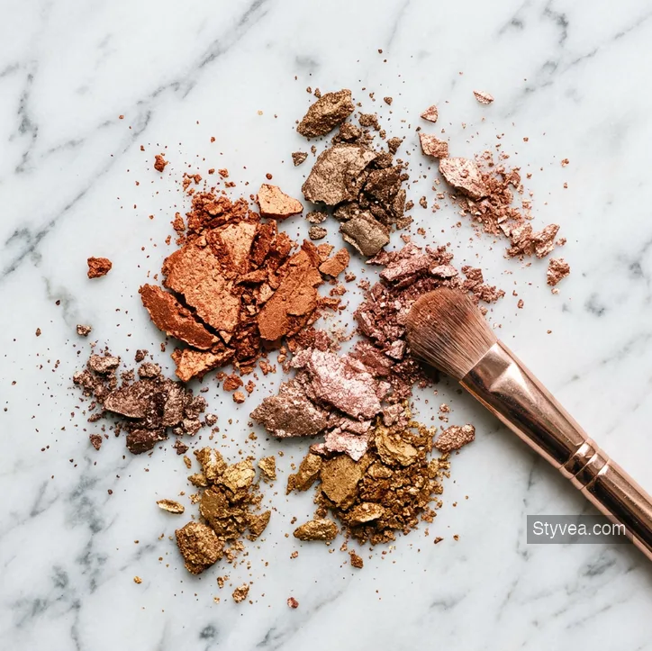 crushed eyeshadow pigment in warm copper tones — beauty flat-lay