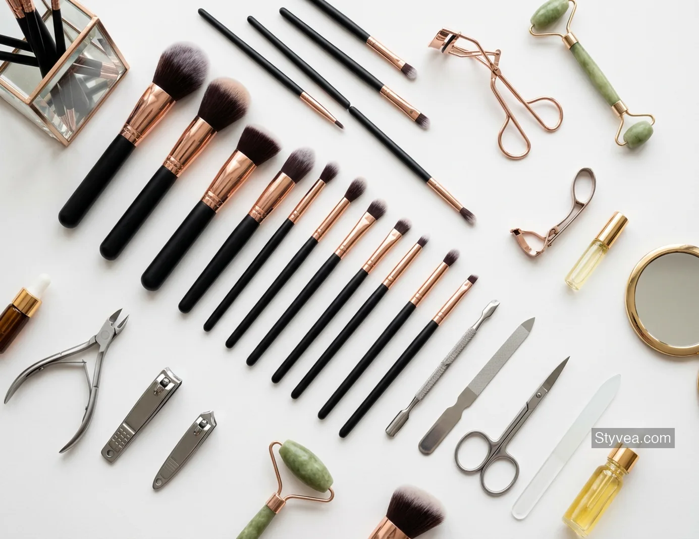 beauty tools and makeup brushes arranged in a flat-lay — Styvea beauty guides
