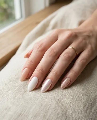 Five almond-shaped nails displayed on one hand, progressing from a sheer nude on the thumb to a crystal-encrusted accent on the pinky, showing the range from everyday minimal to full glam
