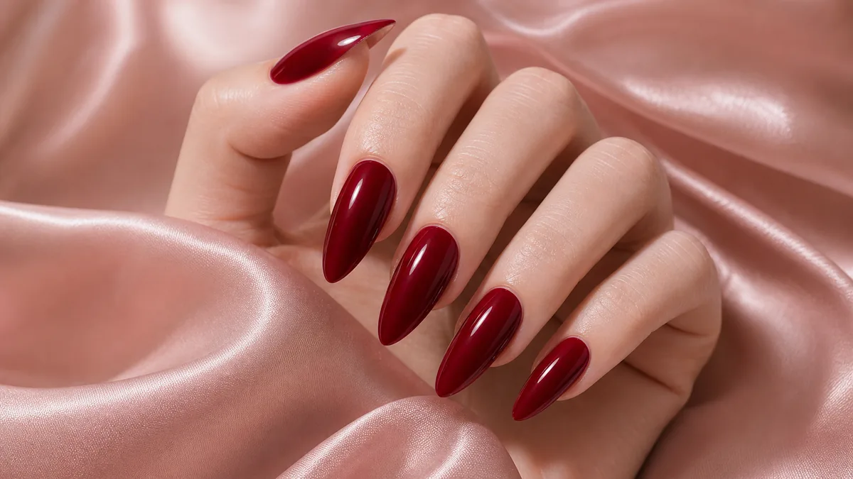 Elegant side-profile close-up of long almond nails in a glossy deep cherry red on fair skin, resting on soft-pink silk