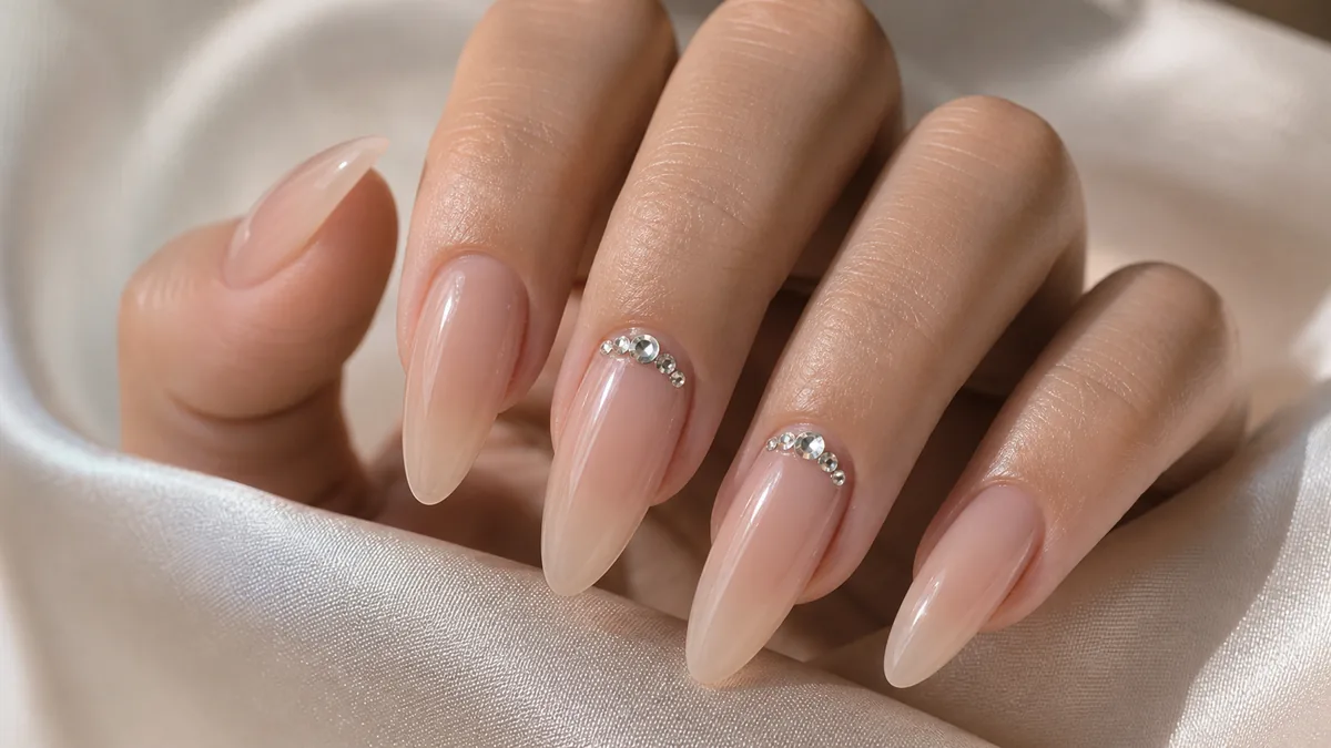 Macro of almond nails in a sheer base with a small cluster of clear crystals set near the cuticle of two nails, on light-medium skin catching the light