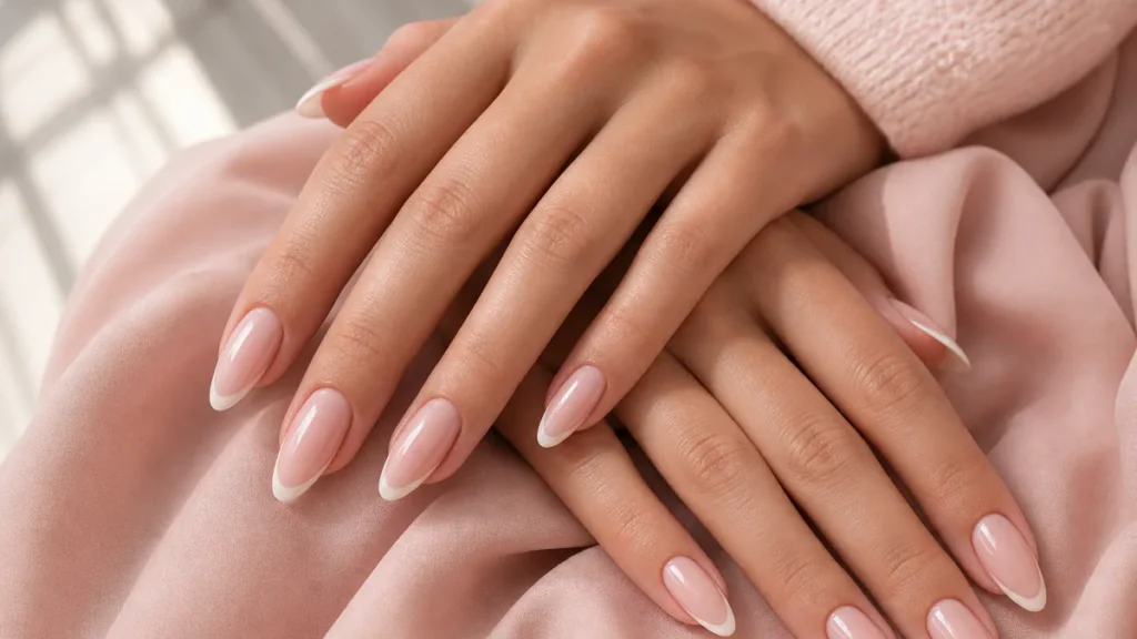 A glossy almond manicure with a soft modern French tip resting on soft-pink fabric