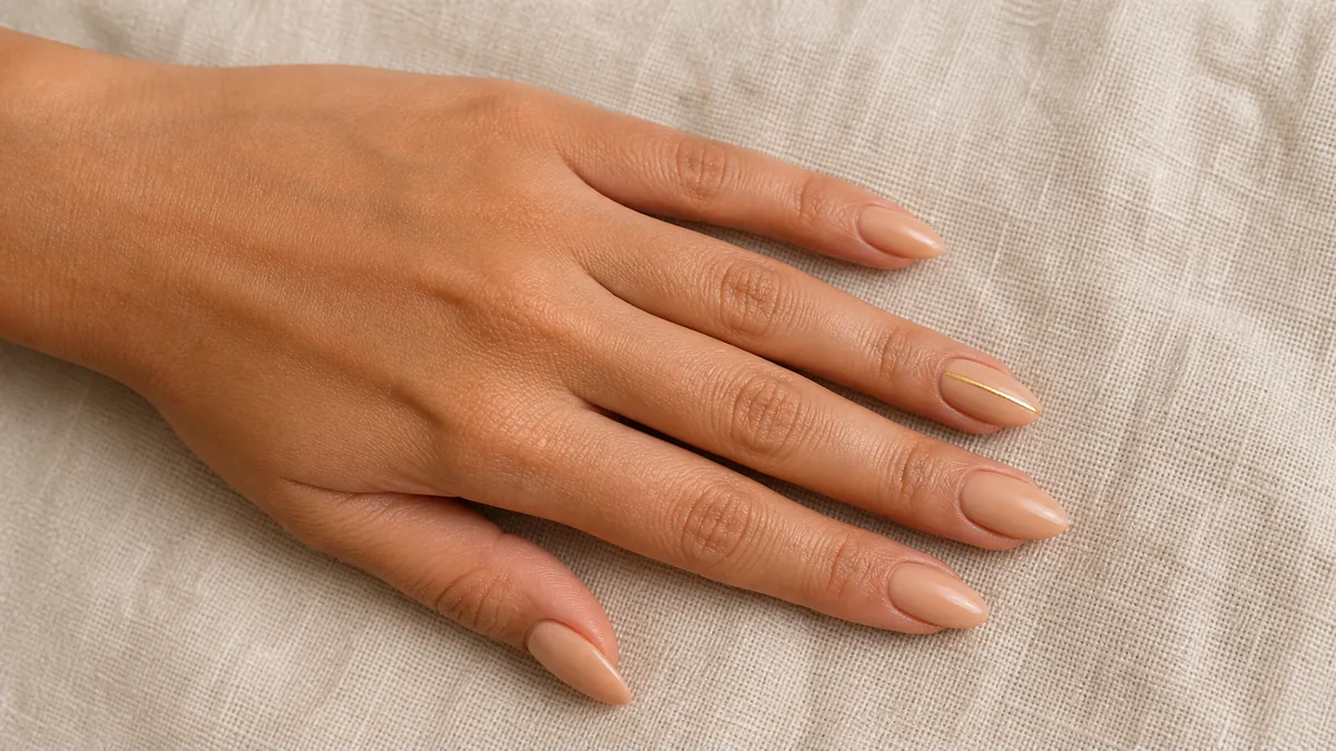 Top-down close-up of nude almond nails with a single fine gold line down one accent nail, on medium skin on oat linen