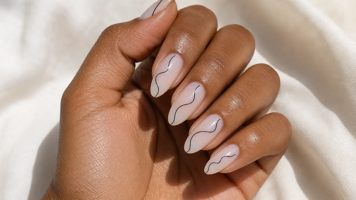 Macro of almond nails on a sheer base with a single fine black abstract line across each nail, on medium-deep skin against cream fabric