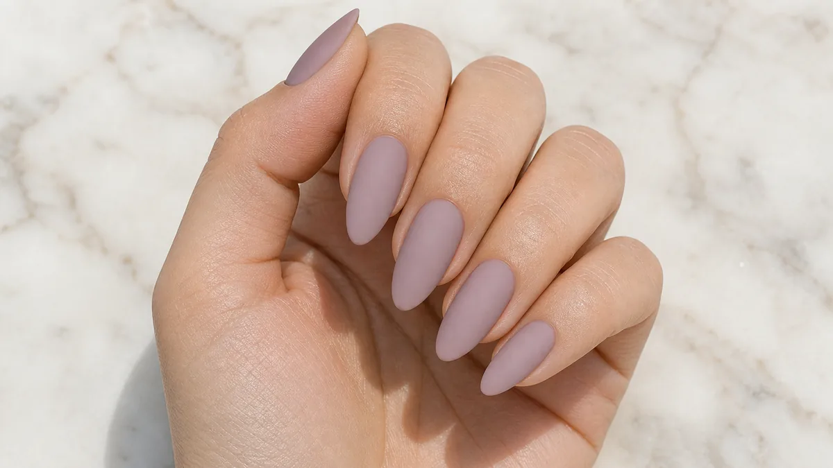 Macro of almond nails in a velvety matte soft mauve finish with no shine, on light-medium skin resting on pale marble