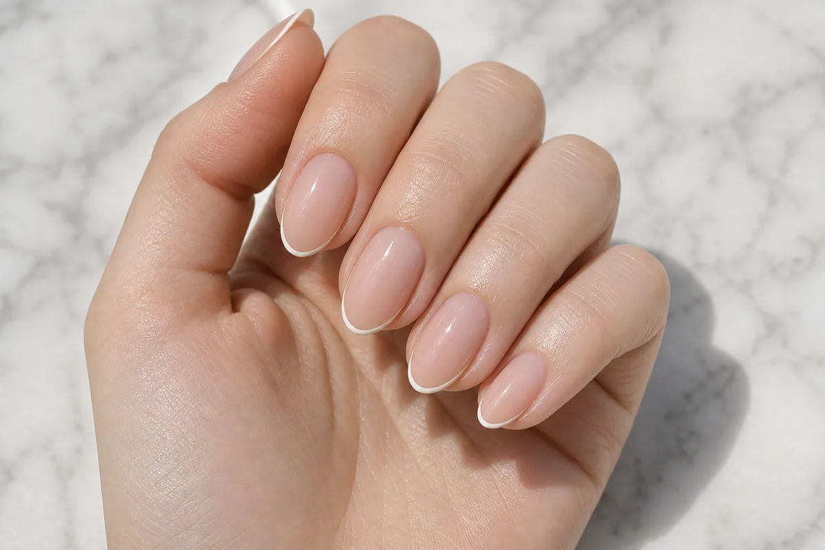 Macro of almond nails with an ultra-thin micro French outline on each tip over a bare nude base, on fair skin against pale marble