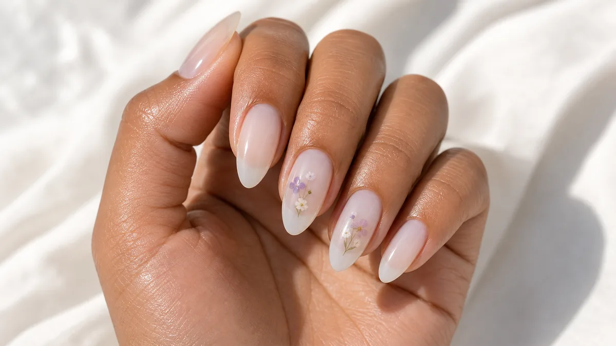 Close-up of almond nails in a milky milk-bath base with a few tiny floating petals set under the gloss, on tan skin