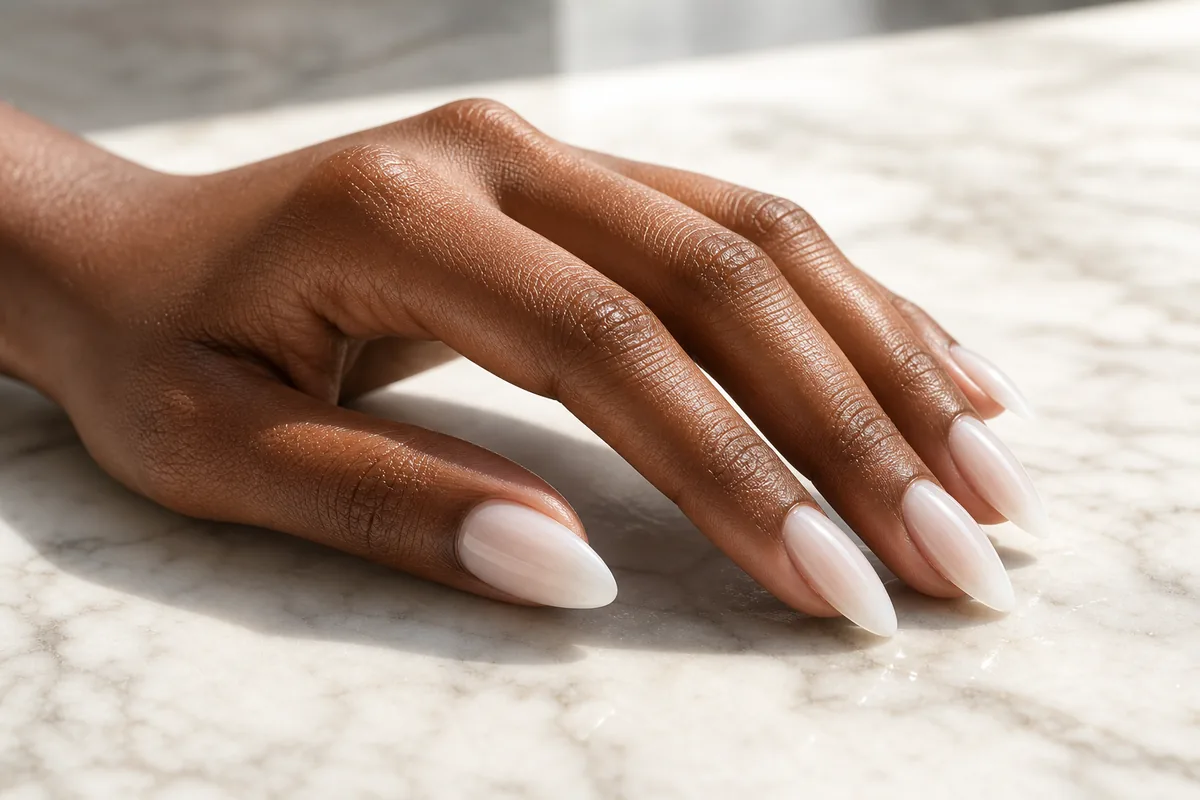 Side-angle close-up of long almond nails in a sheer, glassy milky white on deep skin, the hand resting on pale marble