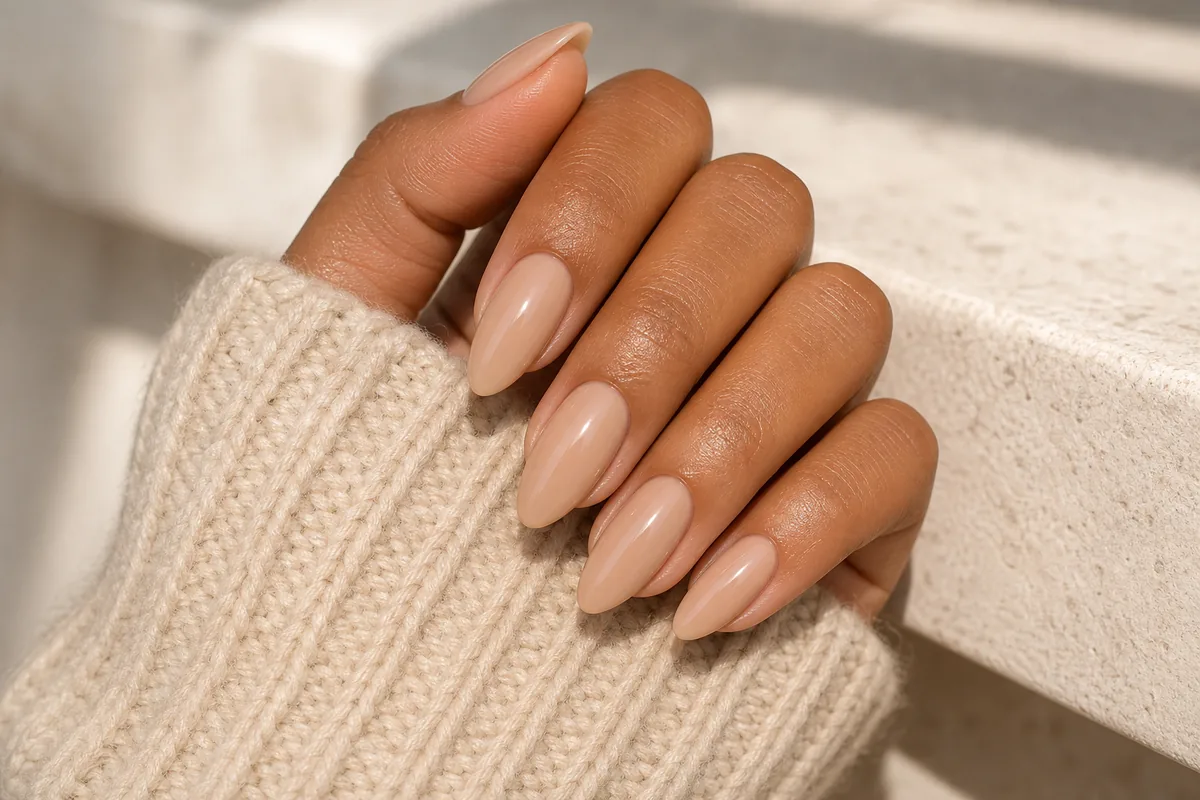 Close-up of almond nails in a creamy warm nude on tan skin, the hand resting over a chunky cream knit sleeve