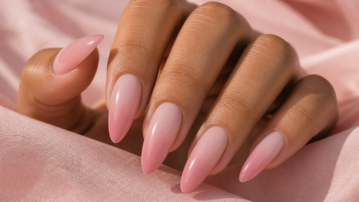Close-up of long dramatic almond nails in a soft pink-to-nude ombre melt, glossy and blended, on tan skin against soft-pink fabric