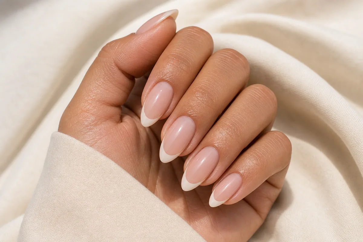 Close-up of almond nails in a soft modern French with thin natural ivory tips over a sheer pink base, on light-medium skin on cream fabric