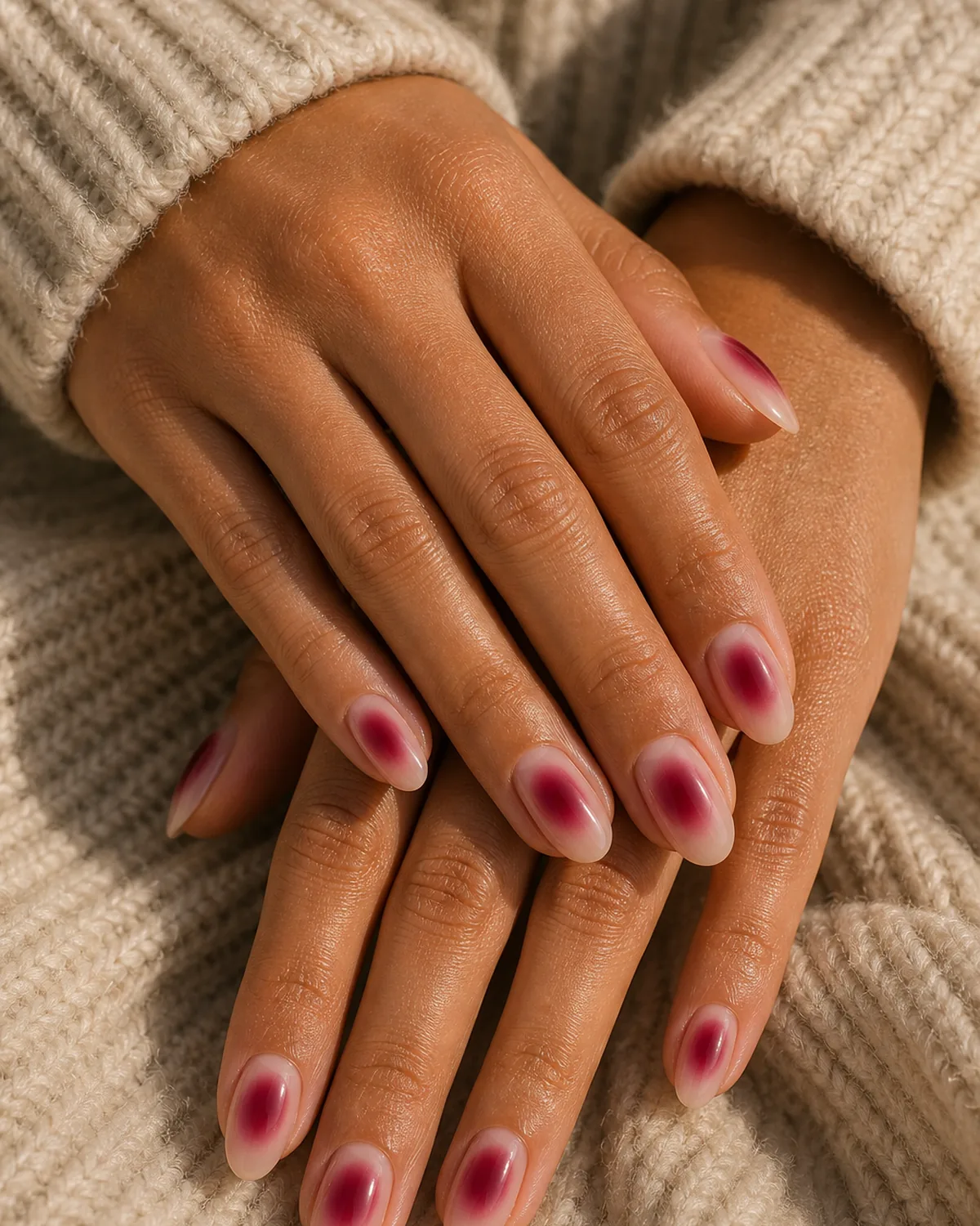Close-up of oval nails in a berry aura, a sheer base with a centered deep berry-red halo, on tan skin resting on a soft knit sleeve