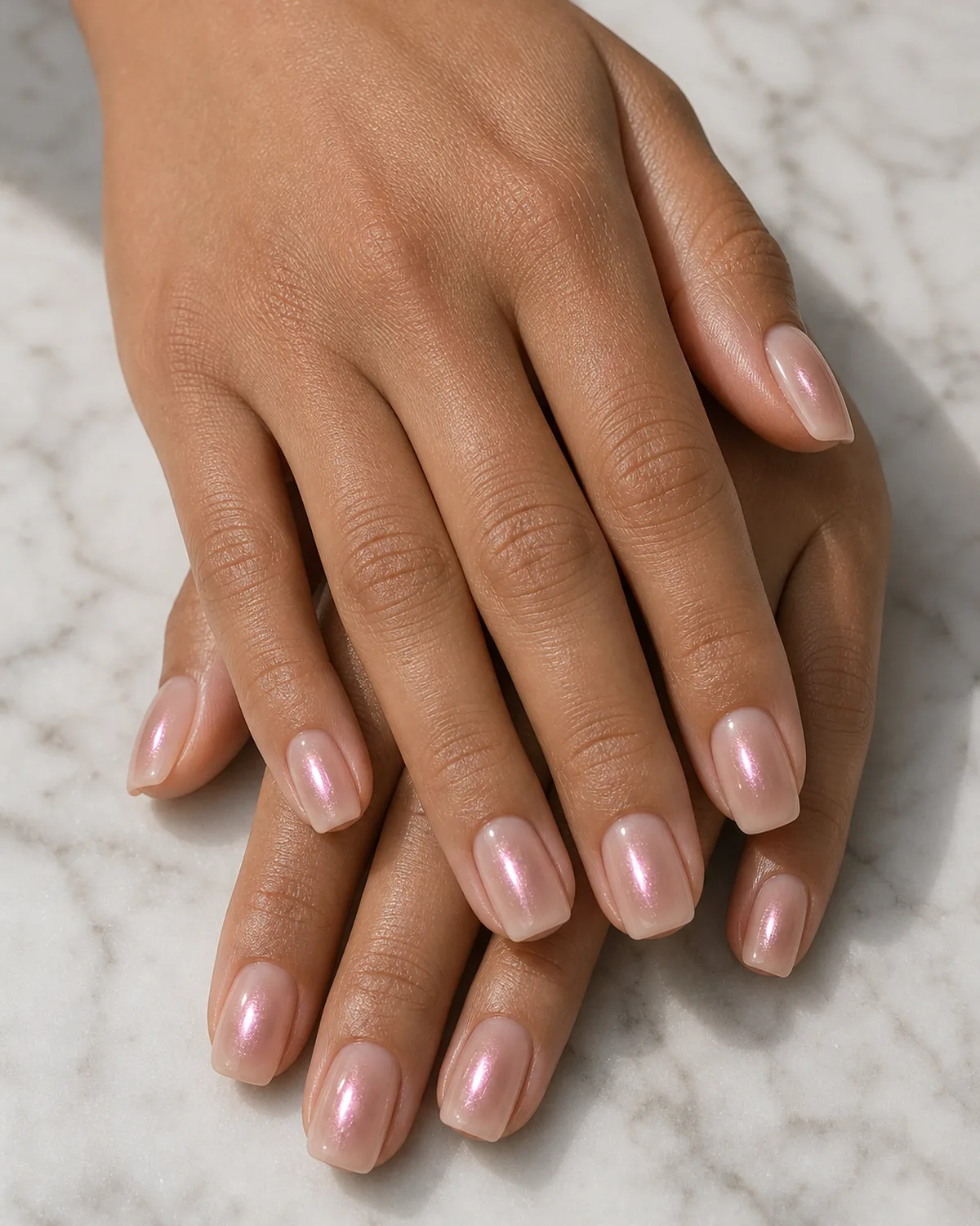 Close-up of medium squoval nails in a chrome aura, a sheer nude base with a small buffed chrome halo at the center, on medium skin resting on pale marble