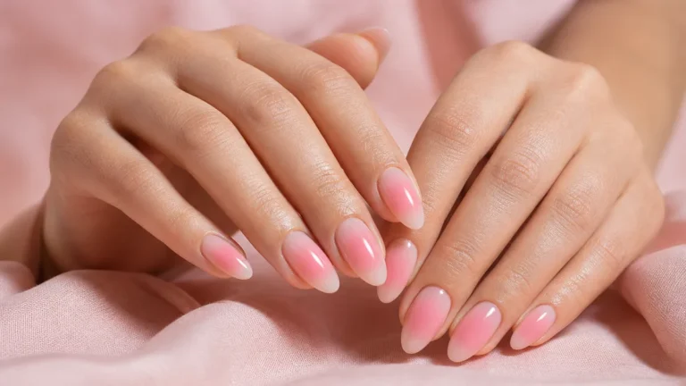 A hero close-up of long almond nails in a soft pink aura, a sheer nude base with a centered pink halo on each nail, on light-medium skin resting on soft-pink fabric