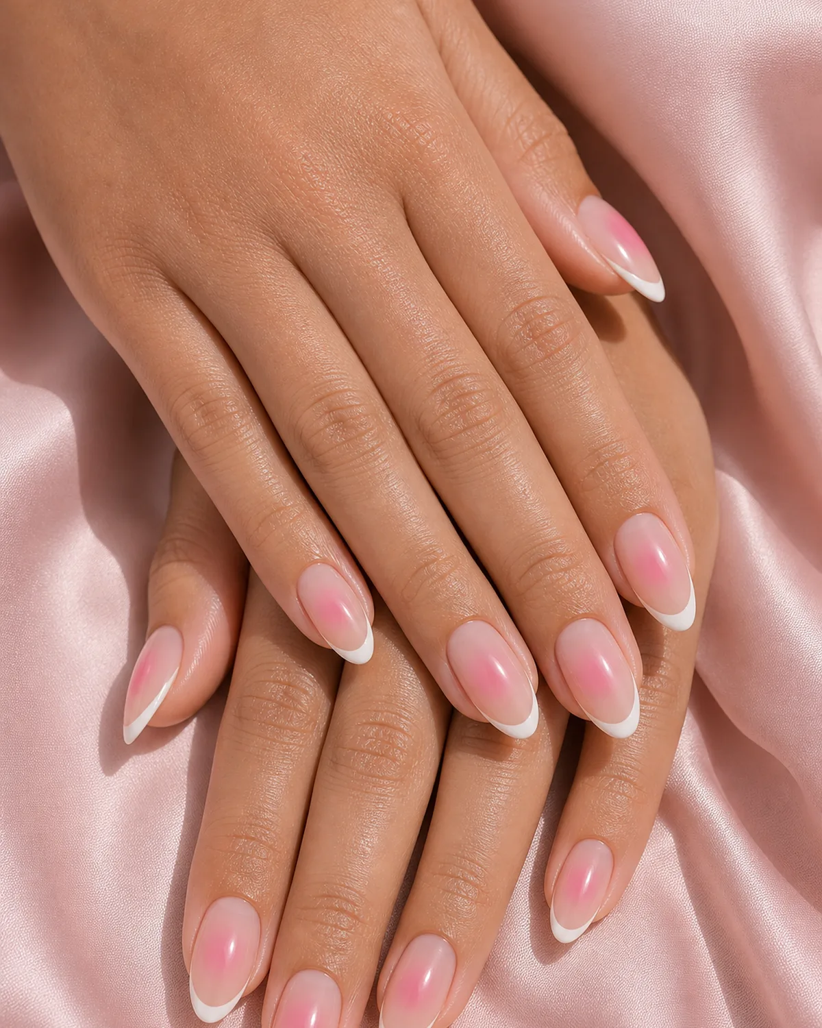 Close-up of almond nails in a French aura, each nail with a classic thin white French tip and a soft pink halo airbrushed at the center, on light-medium skin resting on soft-pink silk