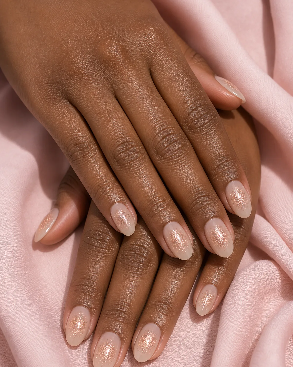 Close-up of oval nails in a glitter aura, a sheer base with fine glitter concentrated at the center of each nail, on medium-deep skin against soft-pink fabric