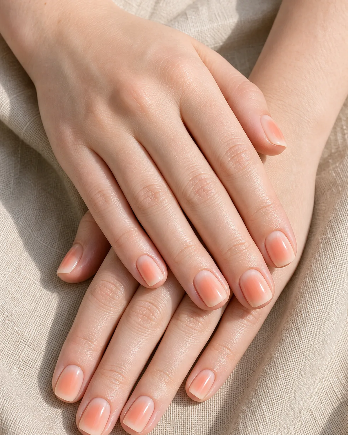 Close-up of short squoval nails in a peach-cream aura, a creamy base with a warmer peach halo, on fair skin resting on oat linen