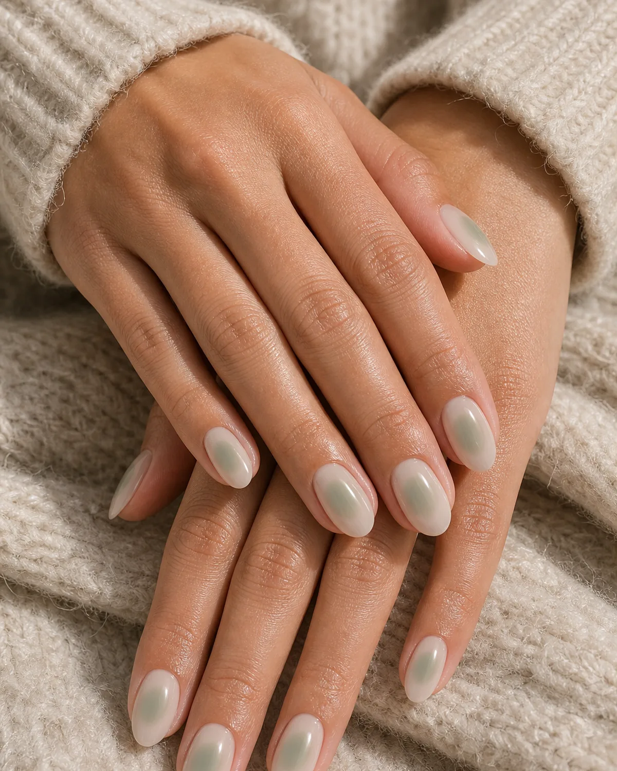 Close-up of medium oval nails in a sage-green aura, a sheer nude base with a centered dusty sage halo, on light-medium skin resting on a soft knit sleeve