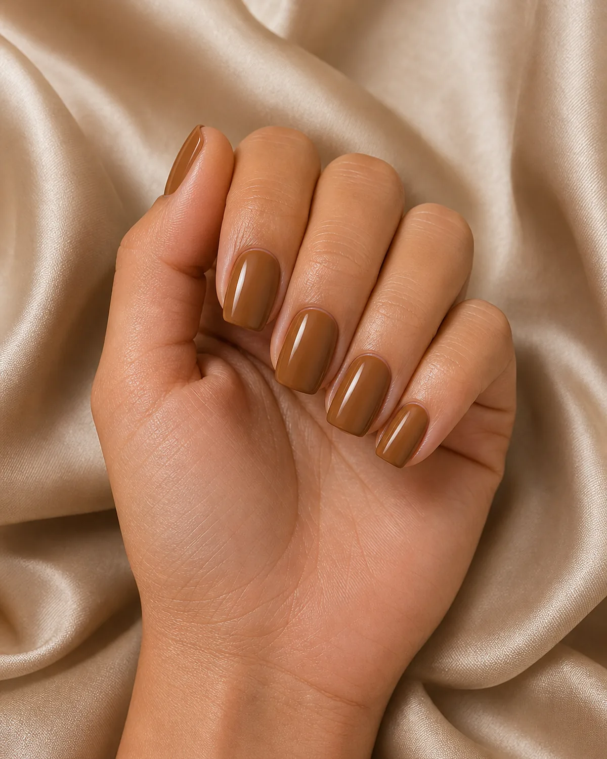 Caramel brown cream on short square nails