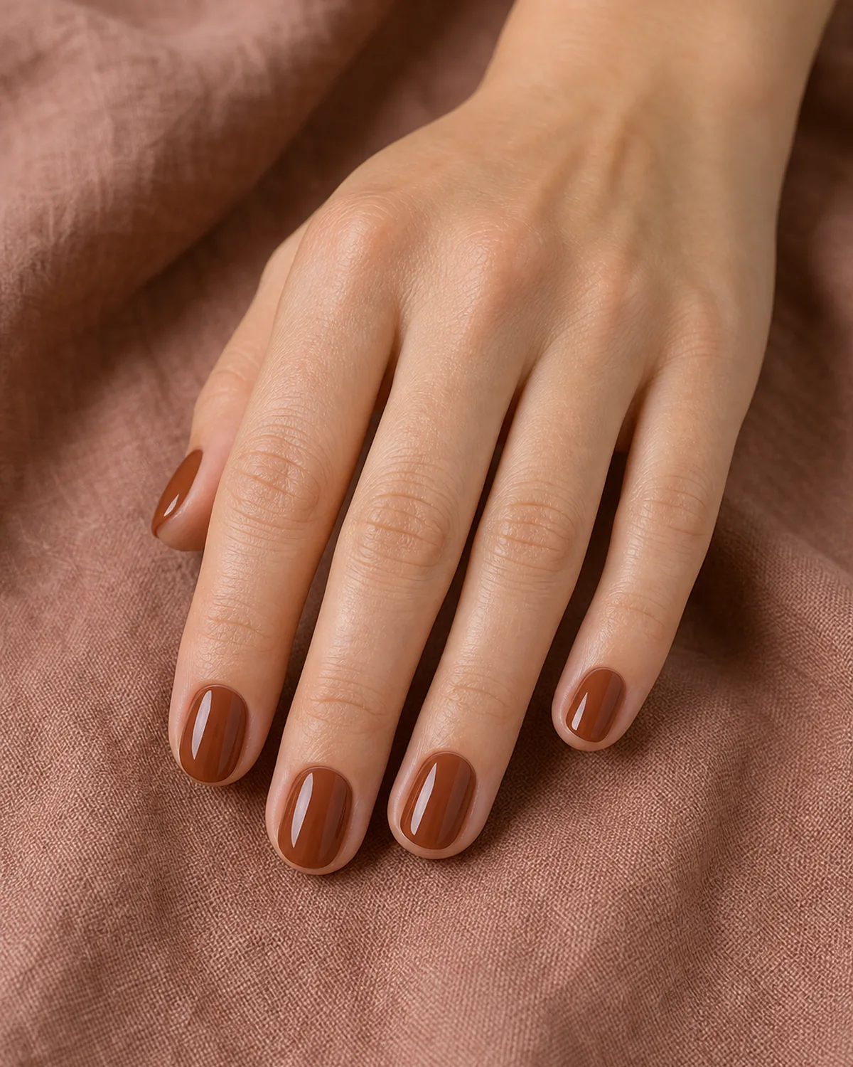 Cinnamon brown gloss on short round nails