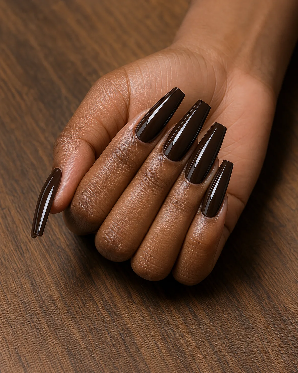 Dark chocolate gloss on long coffin nails