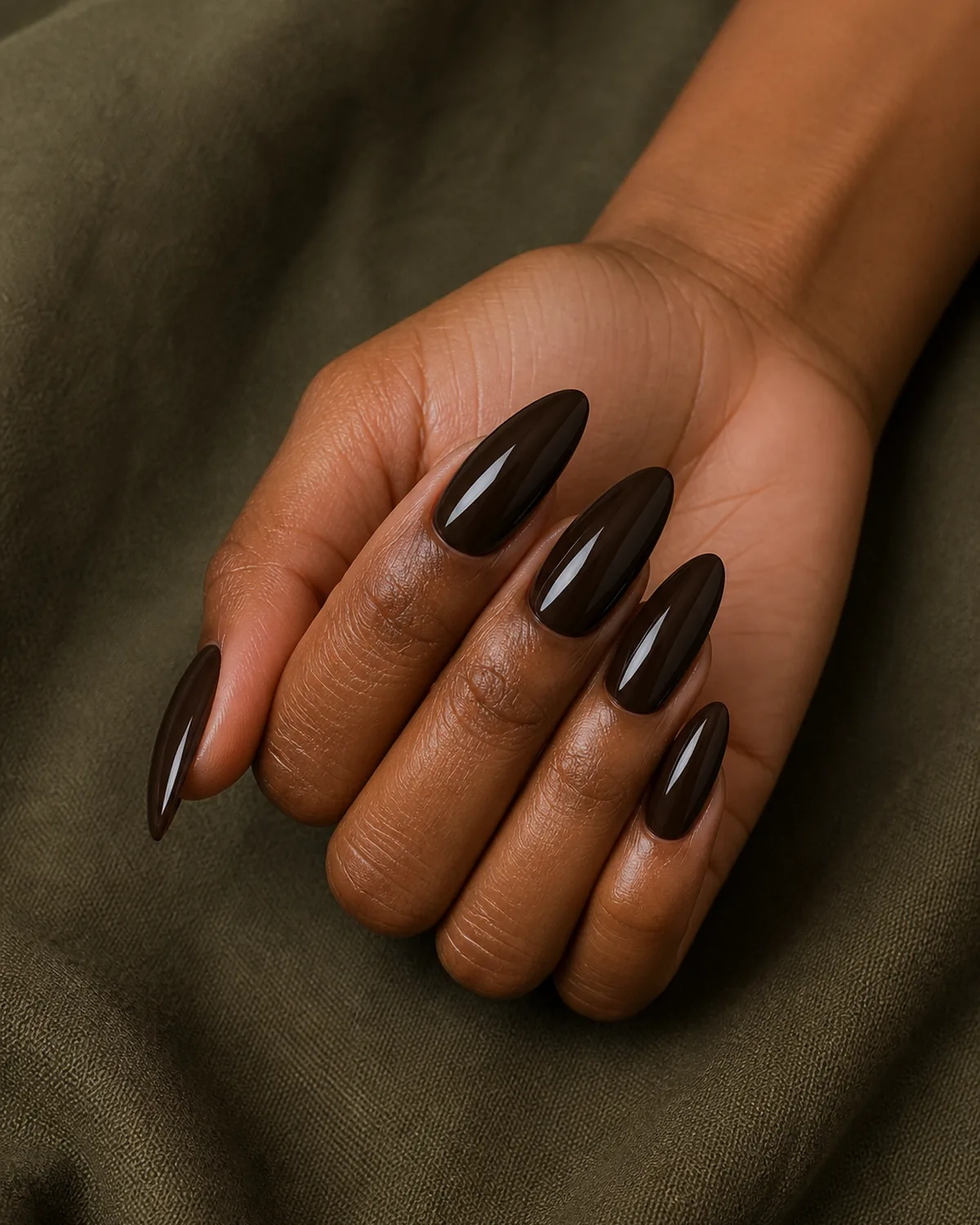 Espresso brown gloss on long almond nails