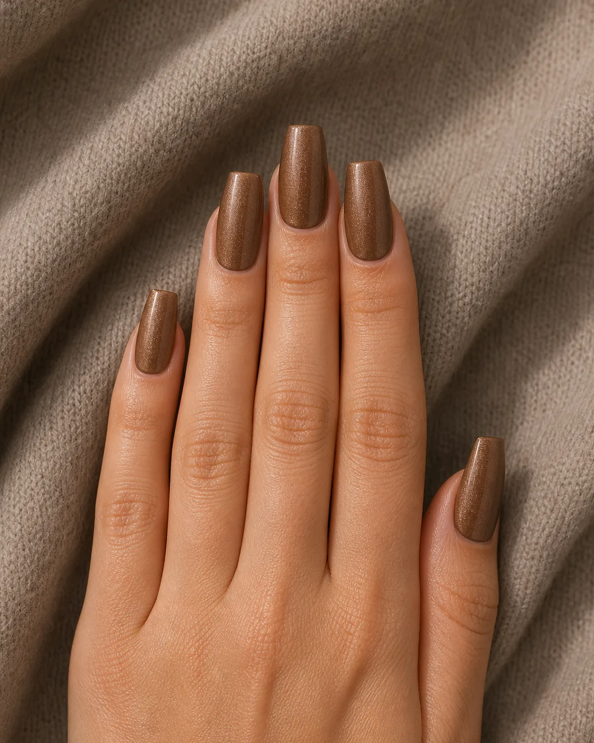 Hazelnut cream with fine shimmer on coffin nails