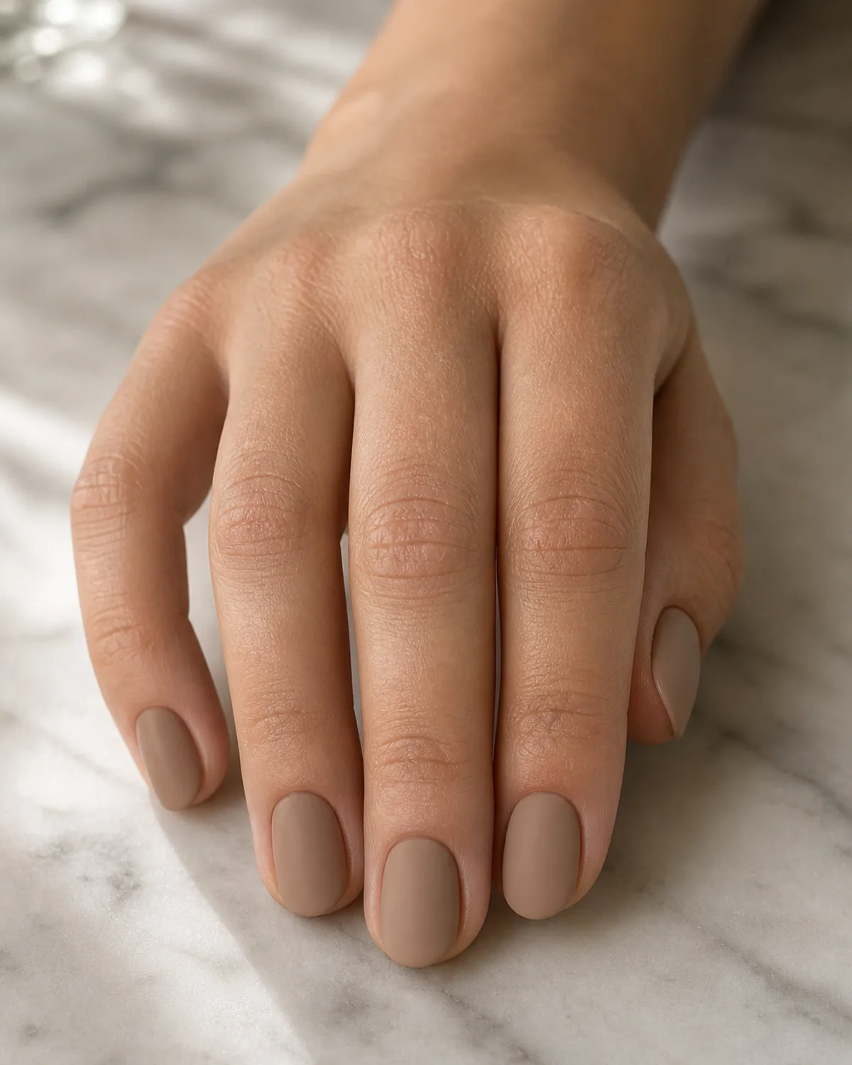 Sandy taupe-brown cream on short oval nails