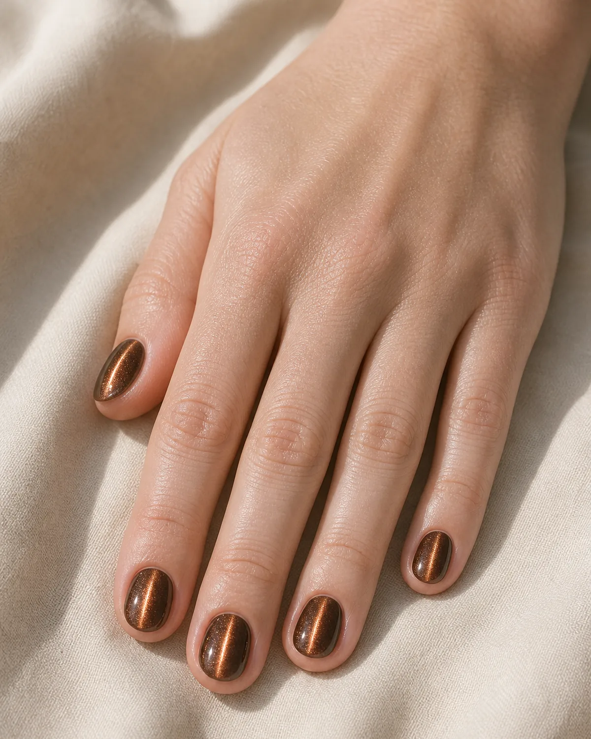 Close-up of short round nails in a warm bronze magnetic gel with a bright copper cat eye line on each nail, on fair skin resting on cream fabric