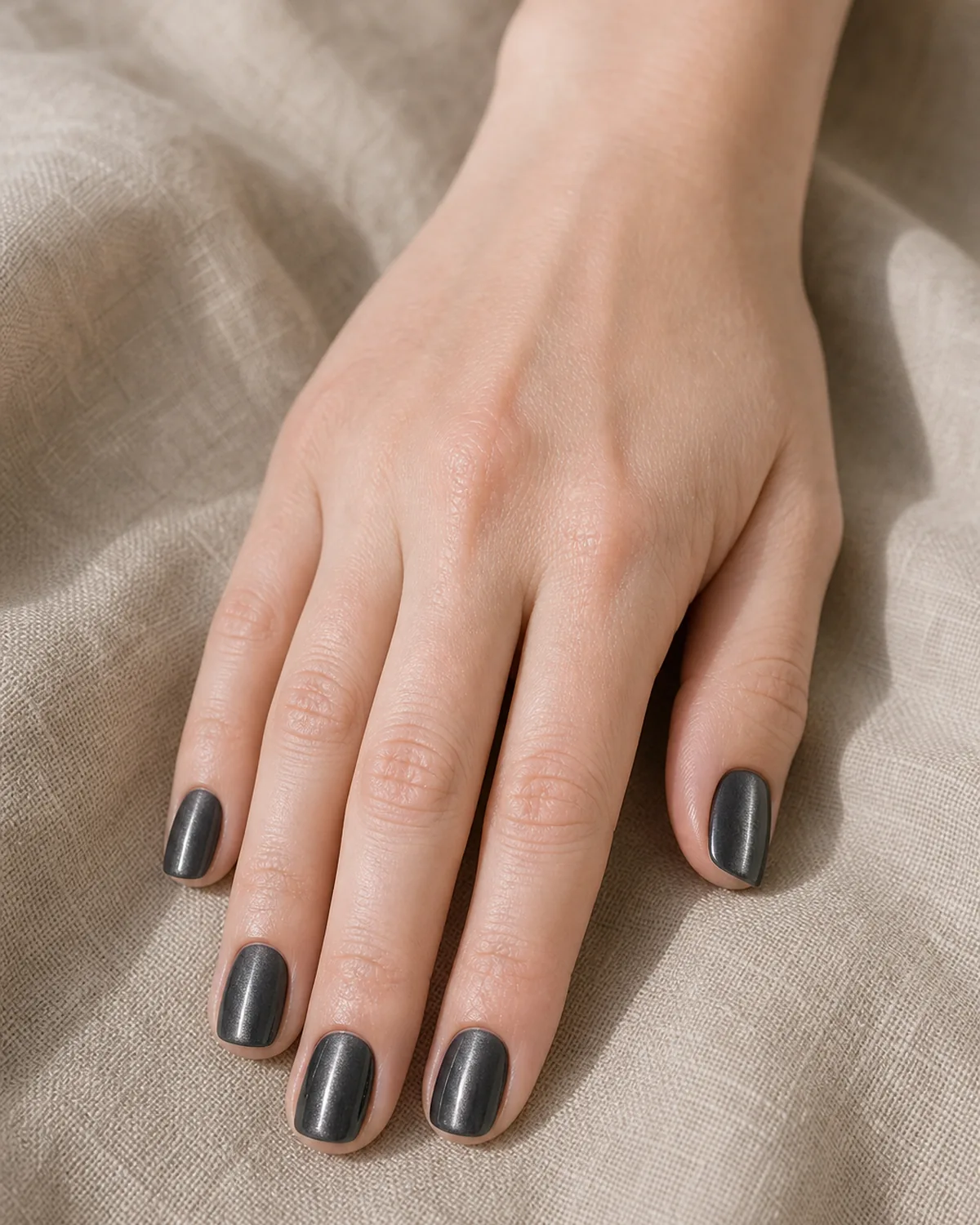 Close-up of short squoval nails in a smoky charcoal grey magnetic gel with a soft silver cat eye line on each nail, on fair skin resting on oat linen