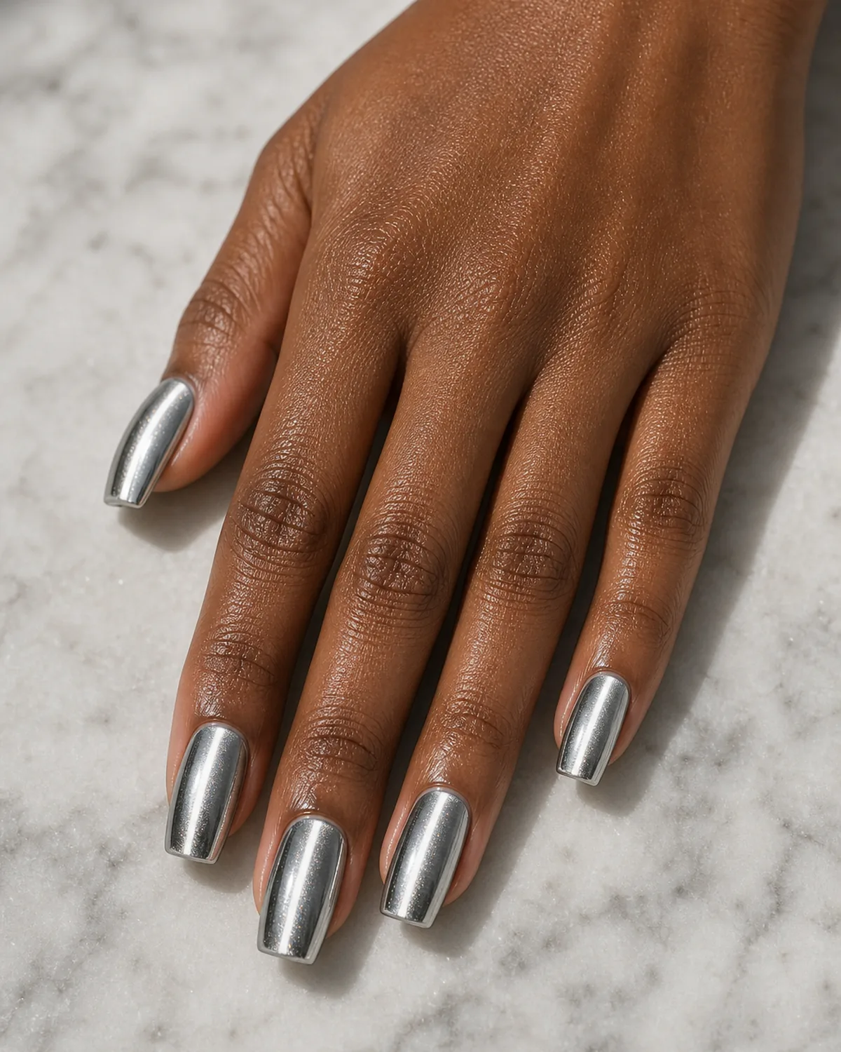 Close-up of medium squoval nails in a chrome silver base with a sheer magnetic gel pulled into a bright cat eye line on each nail, on medium-deep skin resting on pale marble