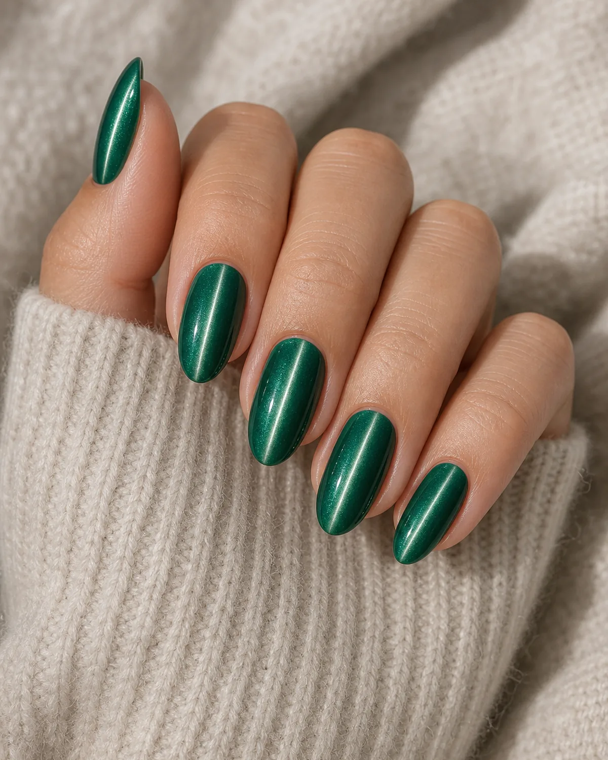 Close-up of medium oval nails in an emerald green magnetic gel with a single bright silver cat eye line on each nail, on light-medium skin resting on a soft knit sleeve
