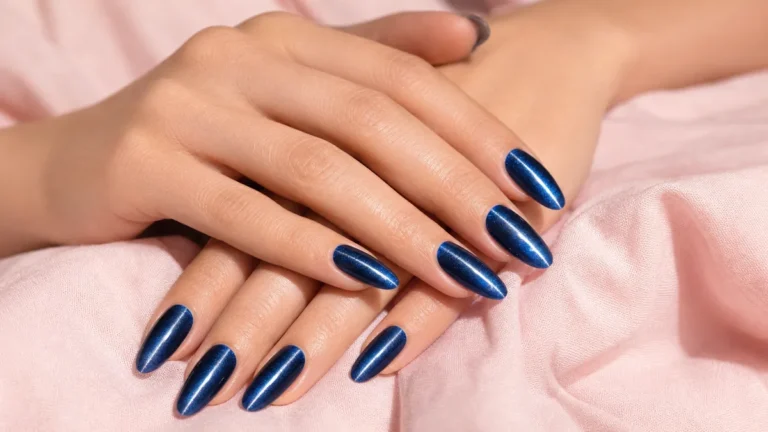 A hero close-up of long almond nails in a sapphire blue cat eye finish, a deep blue magnetic gel with a single bright silver shimmer line running down each nail, on light-medium skin resting on soft-pink fabric