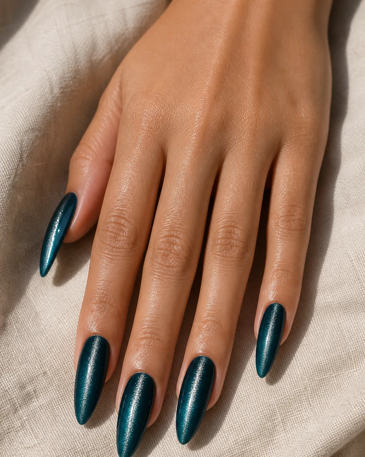 Close-up of long dramatic almond nails in a deep teal magnetic gel with a bright silver cat eye line running down the long axis of each nail, on medium skin resting on oat linen