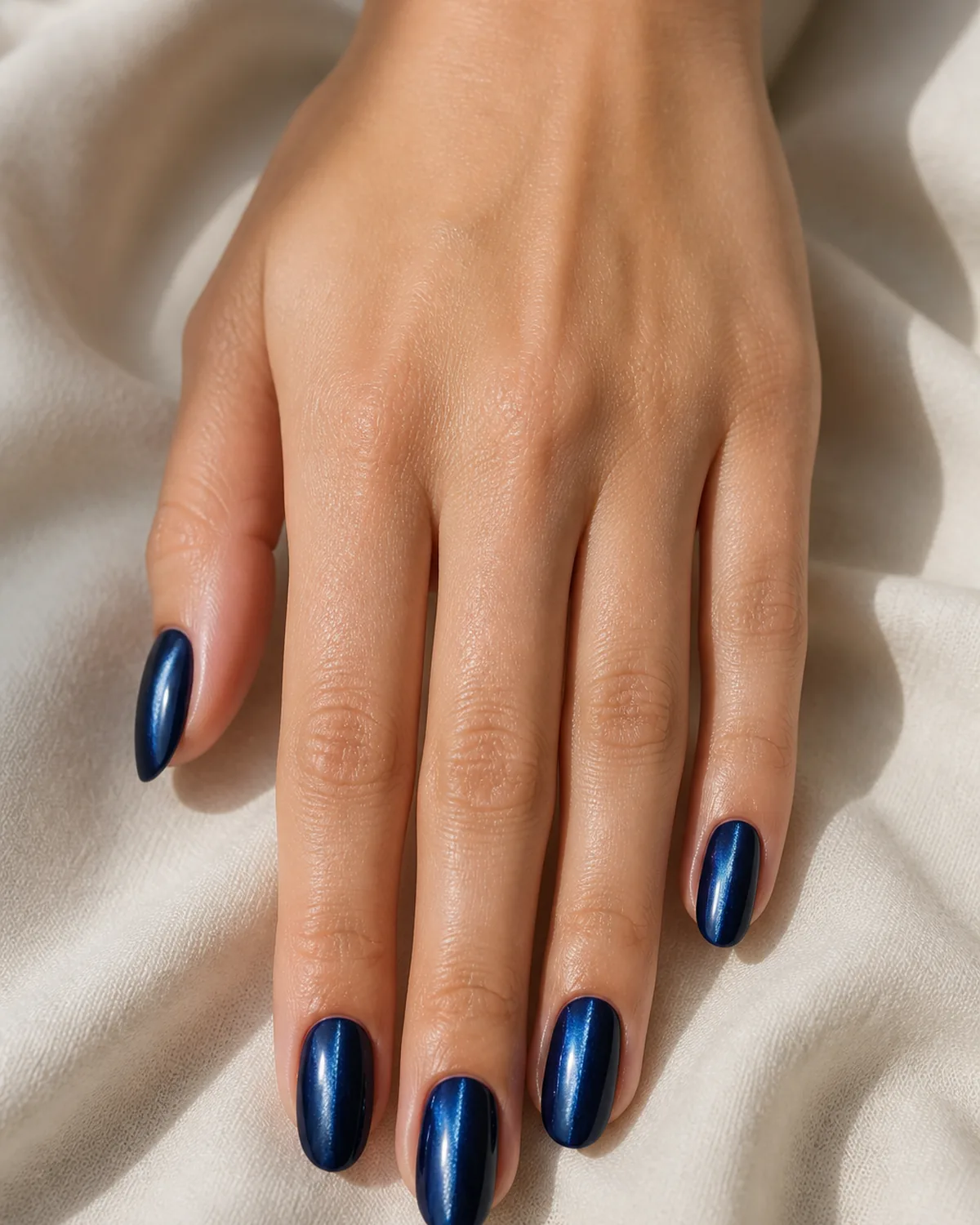 Close-up of medium oval nails in a navy magnetic gel with a single silver cat eye shimmer line on each nail, on light-medium skin resting on cream fabric