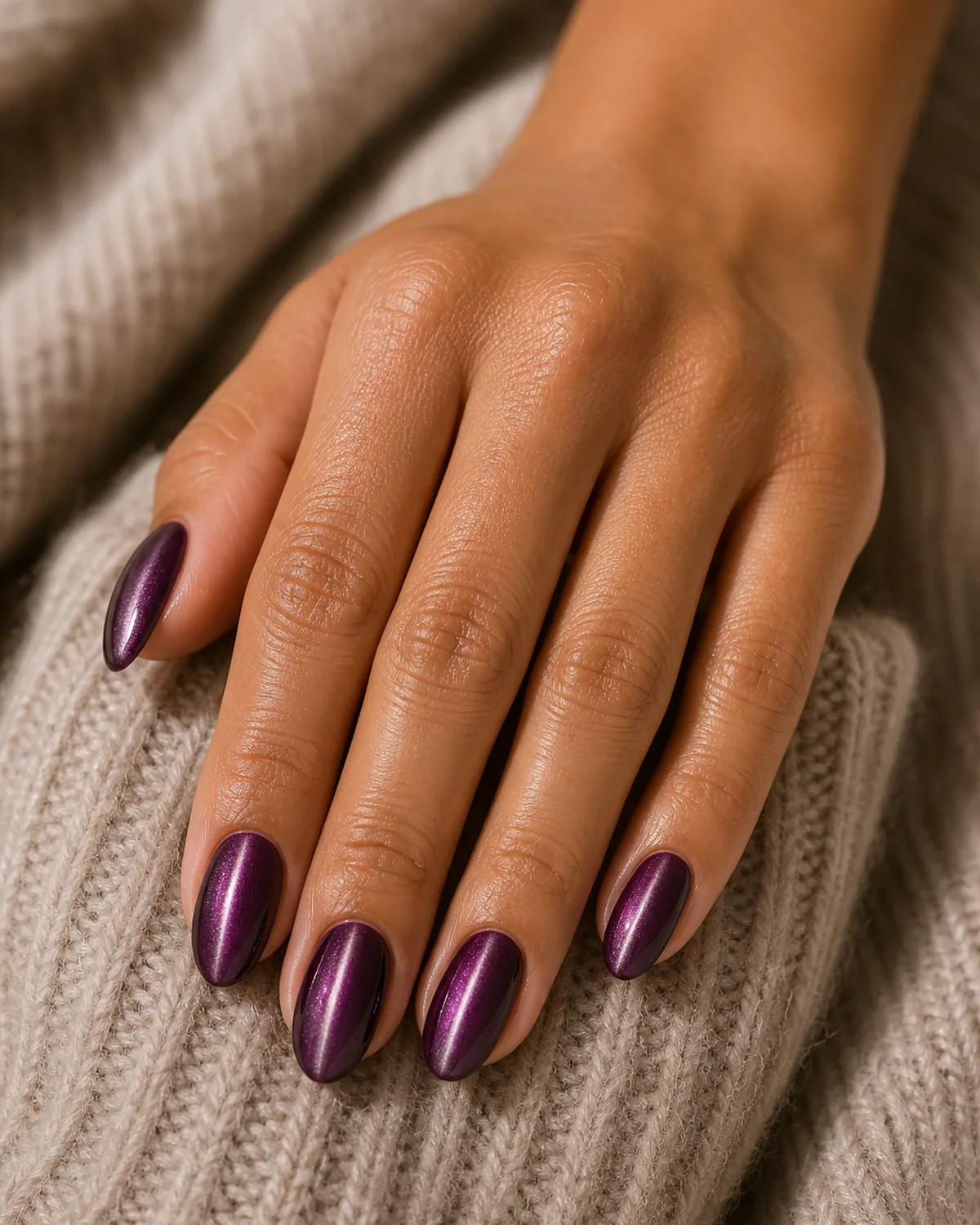 Close-up of oval nails in a plum purple magnetic gel with a soft silver-lavender cat eye line on each nail, on tan skin resting on a soft knit sleeve