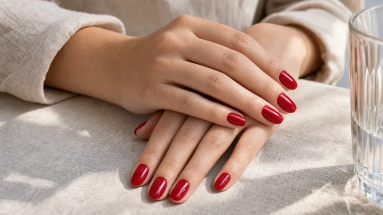 A hero close-up of medium almond nails in classic glossy cherry red lacquer covering the entire nail surface from cuticle to tip, on light-medium skin resting on a pale oat linen tabletop with a single glass tumbler edge softly out of focus