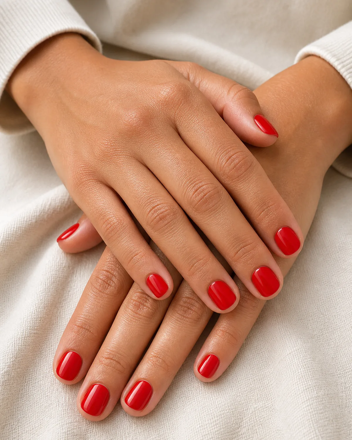 Close-up of short round nails in lipstick red lacquer covering the entire nail surface from cuticle to tip, on medium skin resting on cream fabric