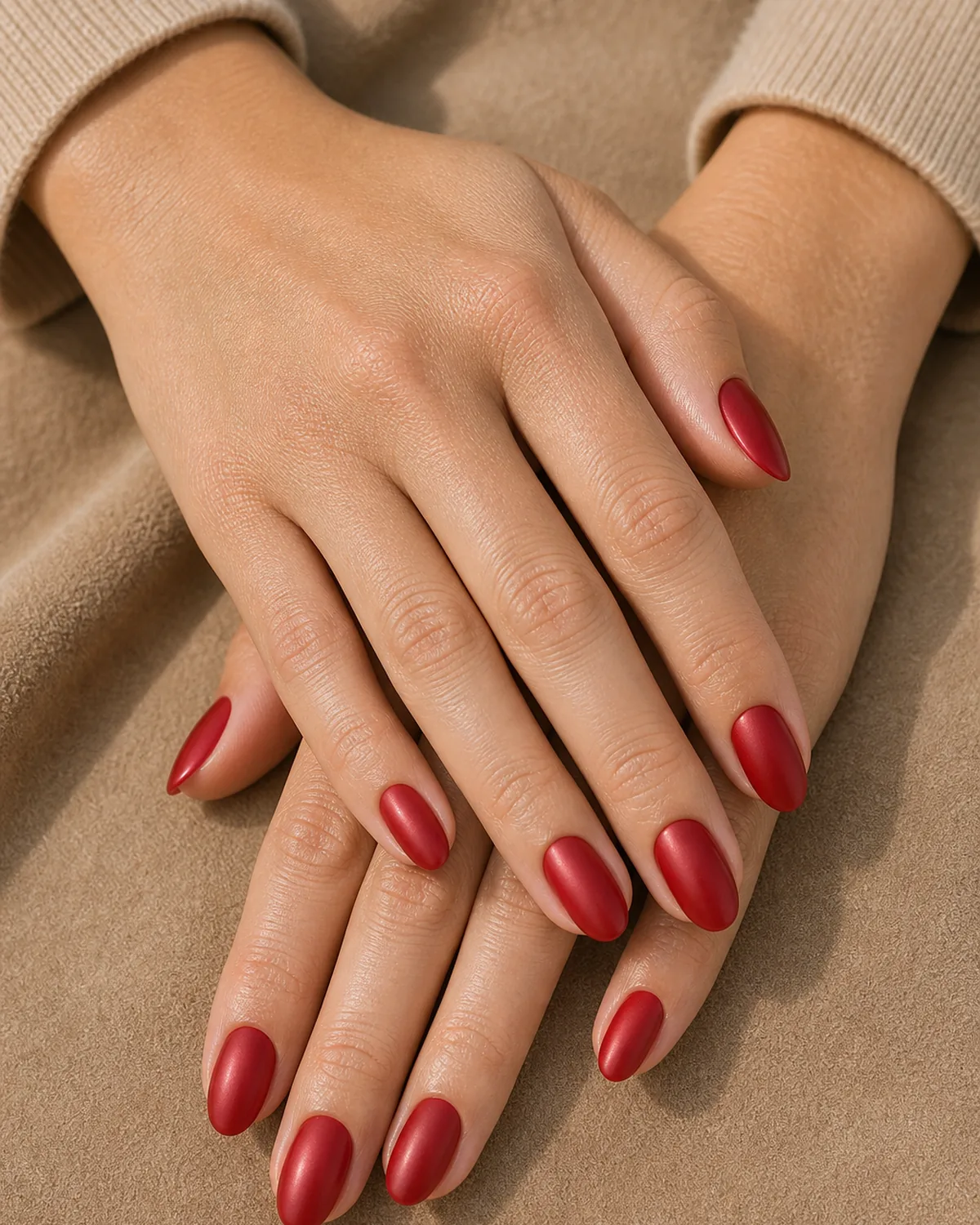 Close-up of medium oval nails in satin brushed cherry red with a soft pearl sheen covering the entire nail surface, on light-medium skin resting on warm beige suede