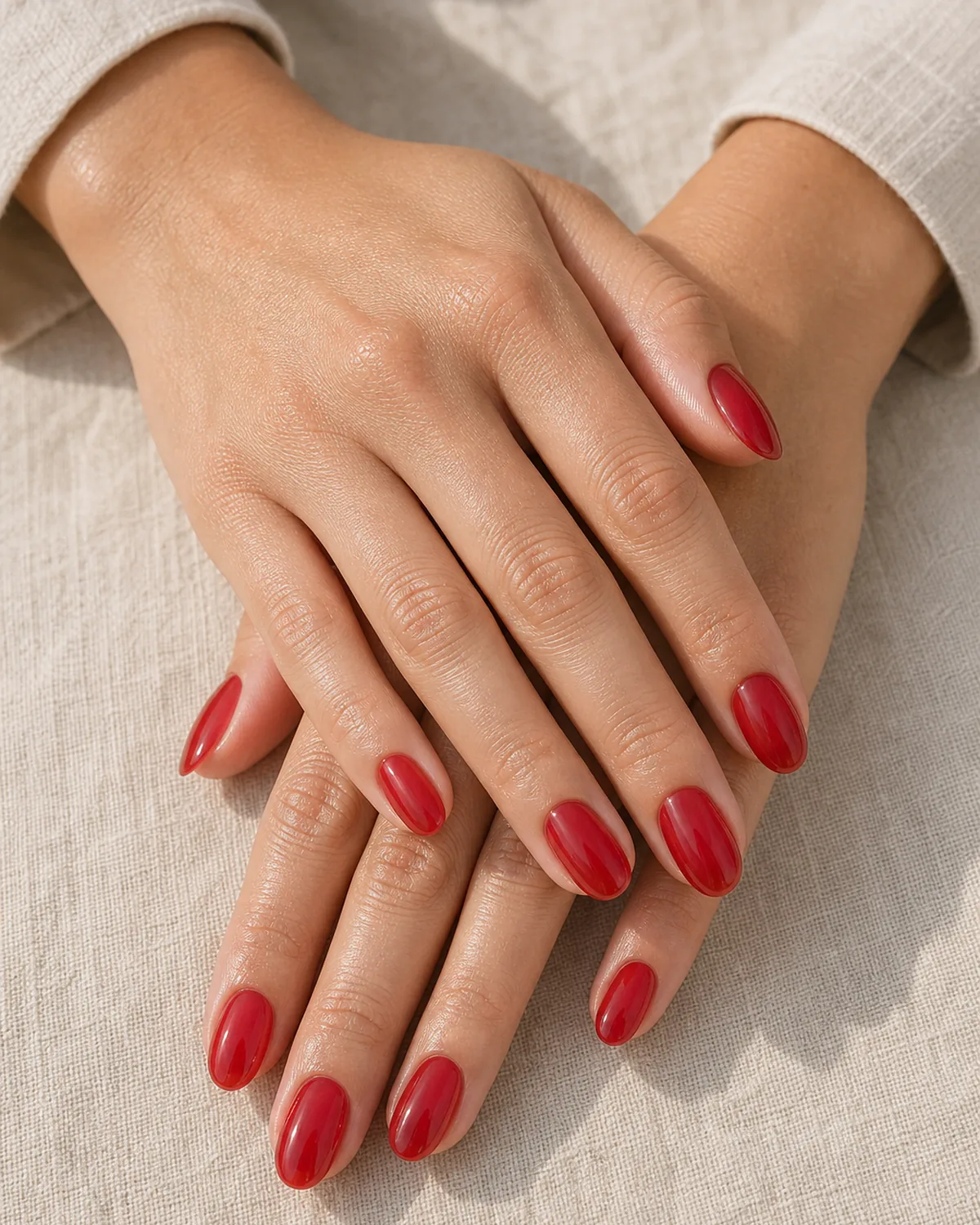 Close-up of medium oval nails in sheer cherry jelly with translucent red glass finish letting the natural nail glow softly through, on light-medium skin resting on cream linen