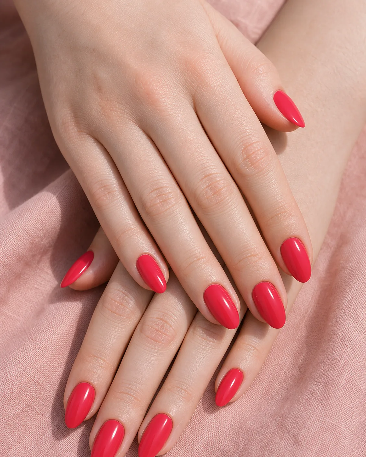 Close-up of medium almond nails in strawberry red cool-pink-leaning lacquer covering the entire nail surface, on fair skin resting on soft-pink linen
