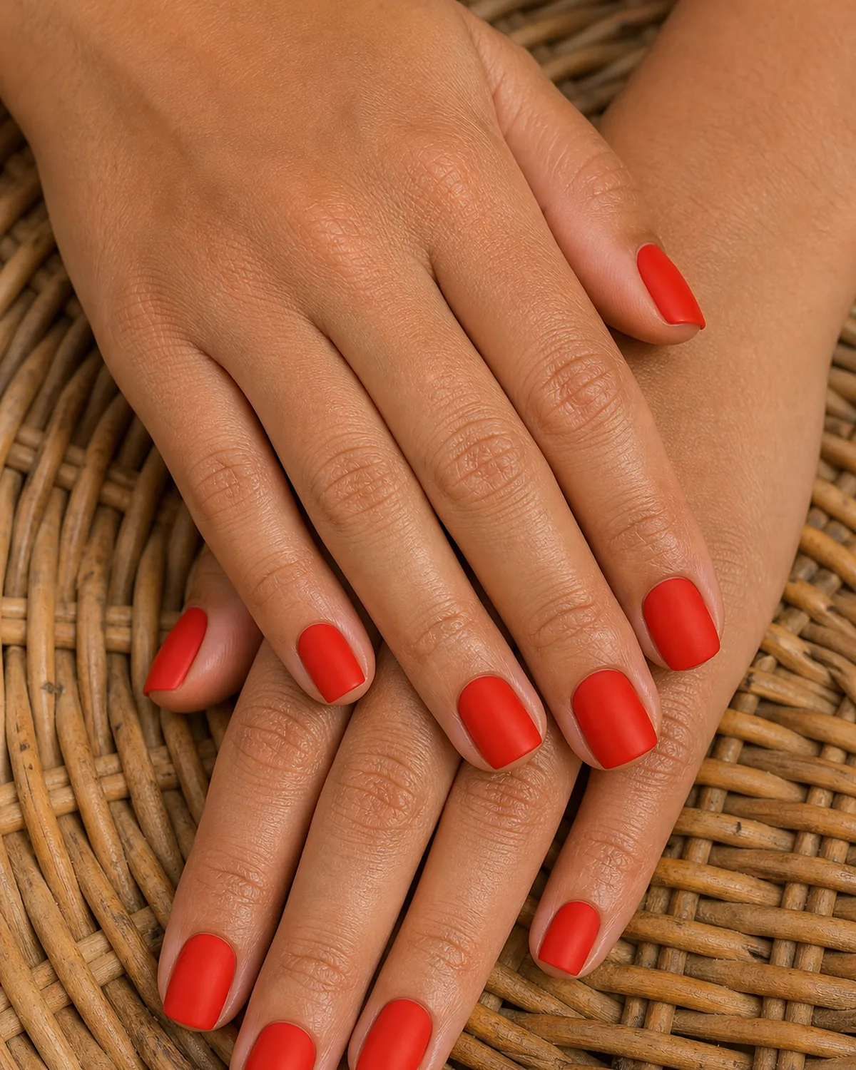 Close-up of short square nails in tomato red cream finish covering the entire nail surface from cuticle to tip, on tan skin resting on natural rattan