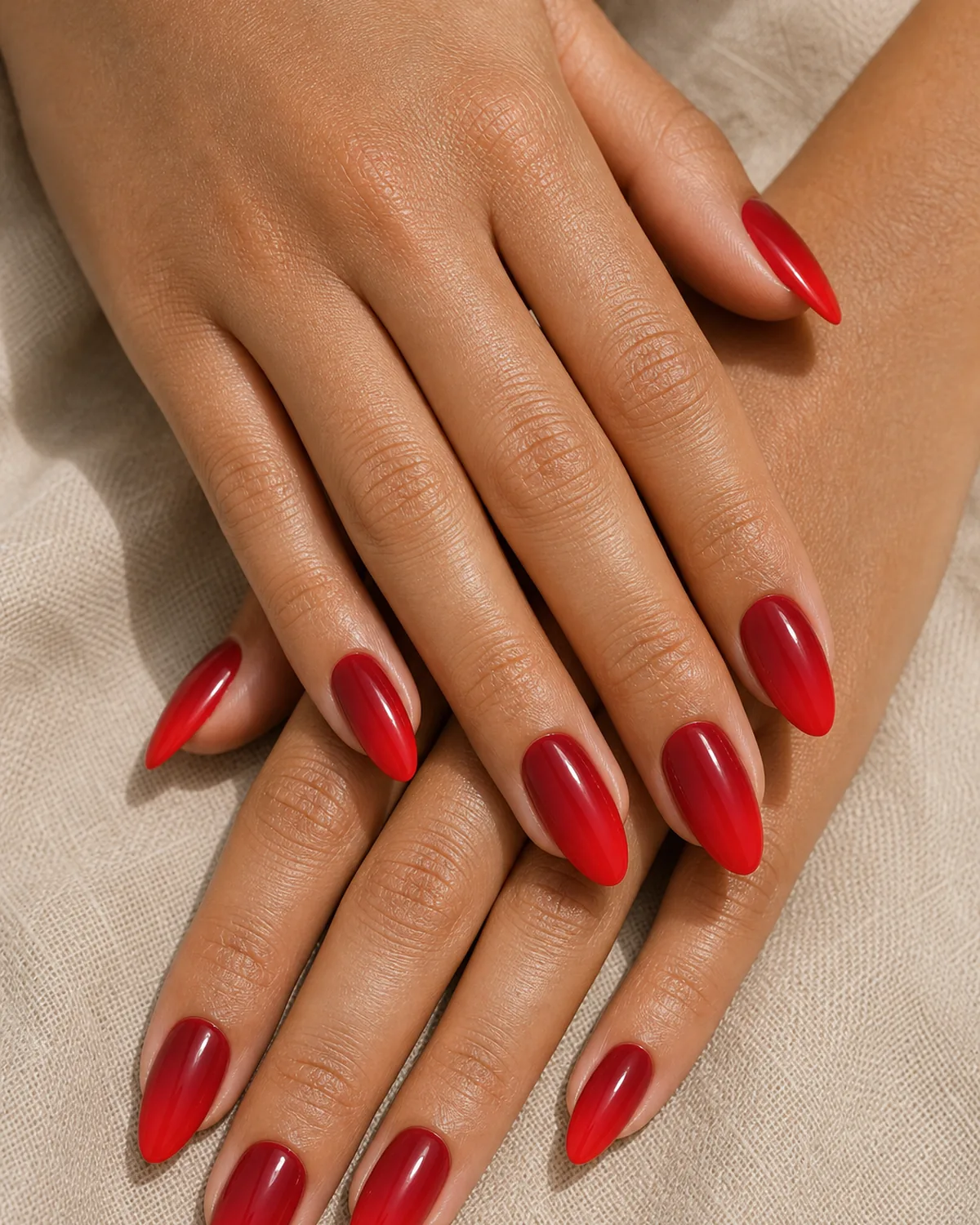 Close-up of medium almond nails in tonal red ombre with deep crimson at the cuticle blending smoothly into bright cherry at the tip, on medium skin resting on warm beige linen