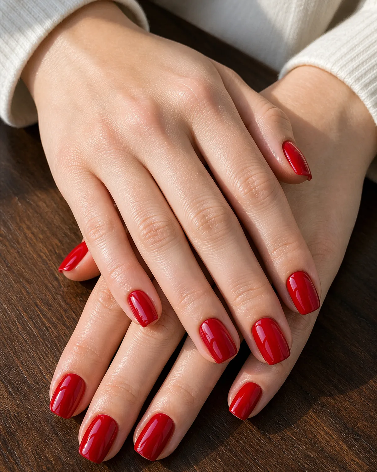 Close-up of medium squoval nails in wet-look high-gloss cherry red with a mirror-bright reflective shine covering the entire nail surface, on light skin resting on dark walnut wood
