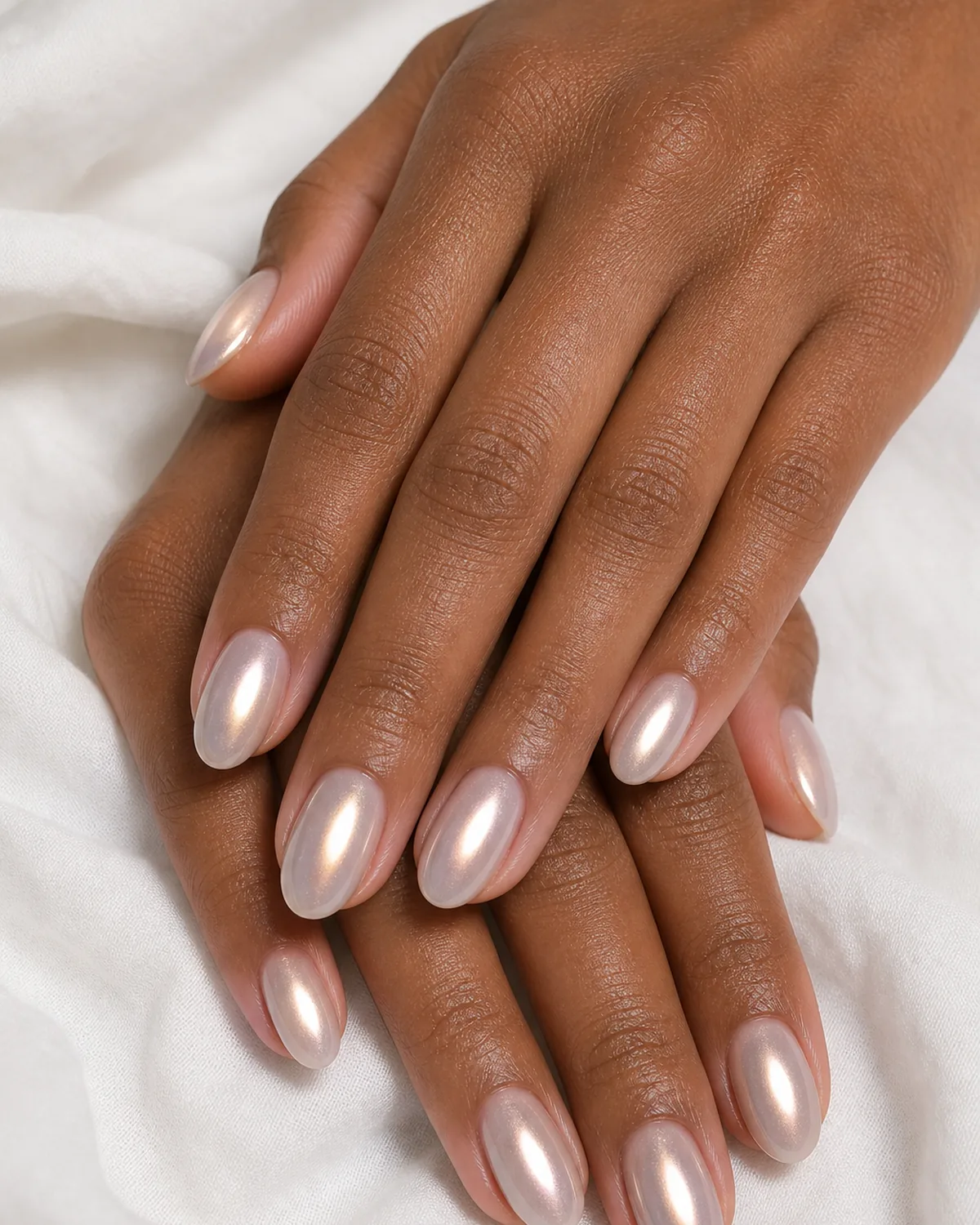 Close-up of oval nails with a soft chrome aura glowing from the center over a sheer base, on medium-deep skin against white fabric