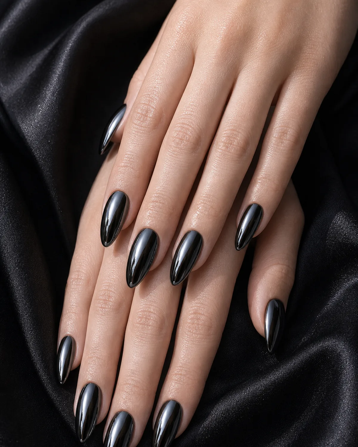 Close-up of long almond nails in a dark gunmetal black hematite chrome, reflective and moody, on fair skin against dark fabric