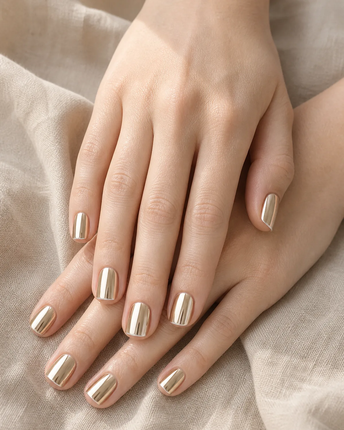 Close-up of short squoval nails in a pale champagne chrome, subtle and glossy, on fair skin against oat linen