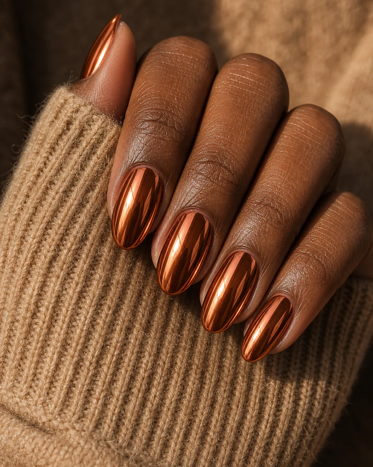 Close-up of oval nails in a warm reddish copper chrome glowing against a knit sleeve, on deep skin